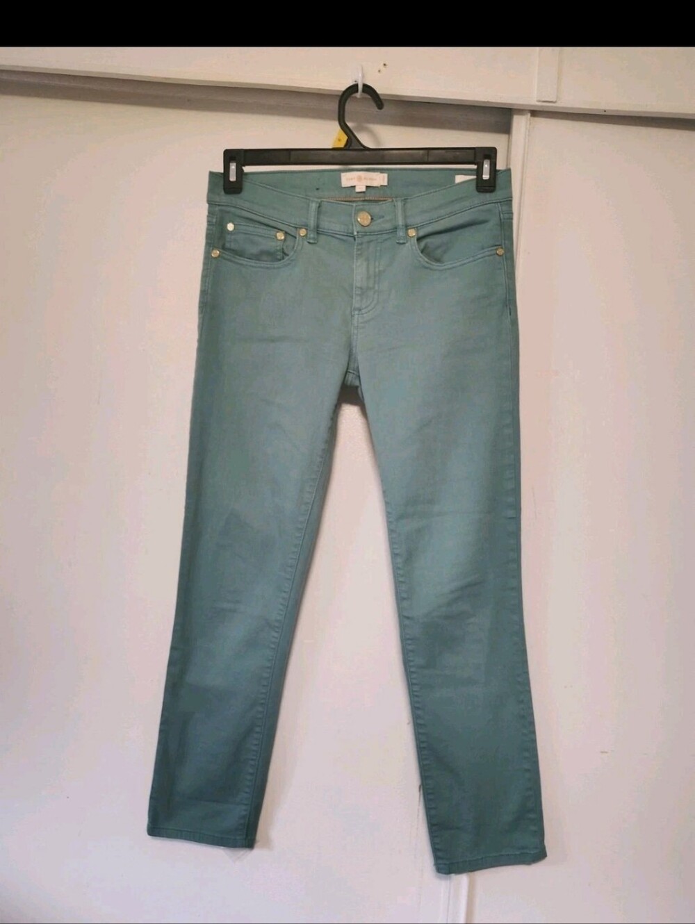 Tory Burch Women's Super Skinny Jeans Low Rise Aqua Green size 28 Stretch.